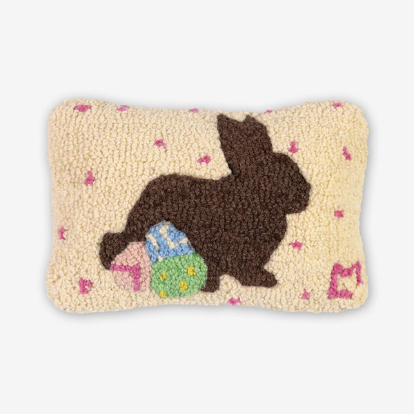 Chandler 4 Corners: Hand-Hooked Wool Pillow: 12x8 Inch Chocolate Bunny with Eggs