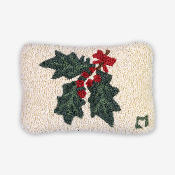 Chandler 4 Corners: Hand-Hooked Wool Pillow: 12x8 Inch Holly Sprig