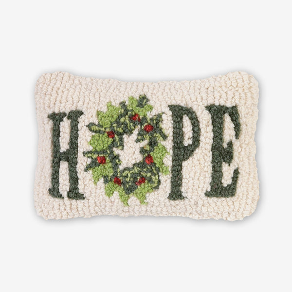 Chandler 4 Corners: Hand-Hooked Wool Pillow: 12x8 Inch Hope Wreath