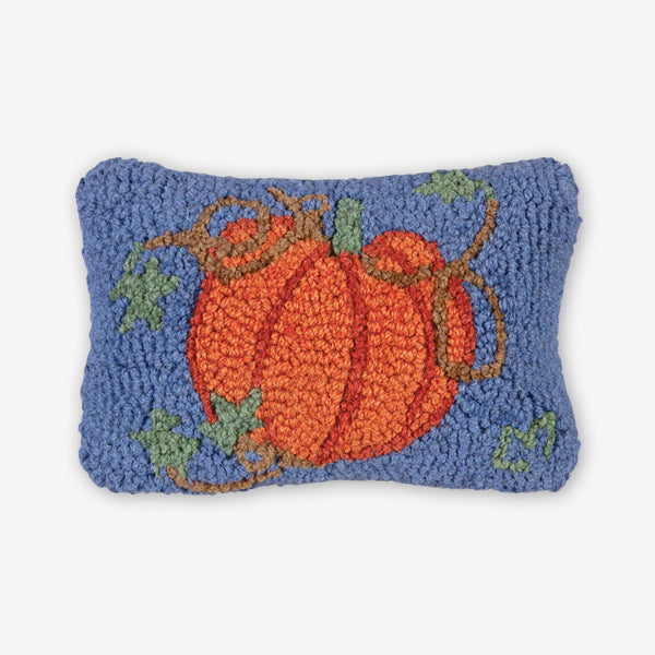Chandler 4 Corners: Hand-Hooked Wool Pillow: 12x8 Inch Pumpkin on Blue