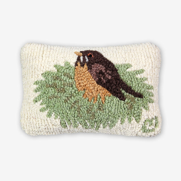 Chandler 4 Corners: Hand-Hooked Wool Pillow: 12x8 Inch Robin in Nest