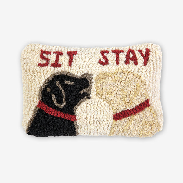 Chandler 4 Corners: Hand-Hooked Wool Pillow: 12x8 Inch Sit Stay