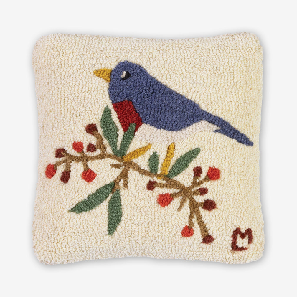 Chandler 4 Corners: Hand-Hooked Wool Pillow: 14x14 Inch Bluebird & Berries