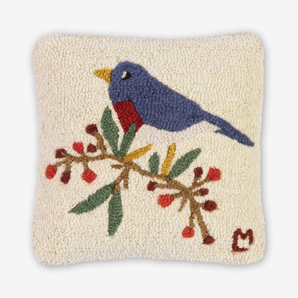 Chandler 4 Corners: Hand-Hooked Wool Pillow: 14x14 Inch Bluebird & Berries