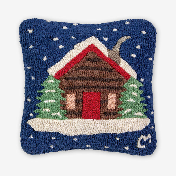 Chandler 4 Corners: Hand-Hooked Wool Pillow: 14x14 Inch Cabin in the Snow