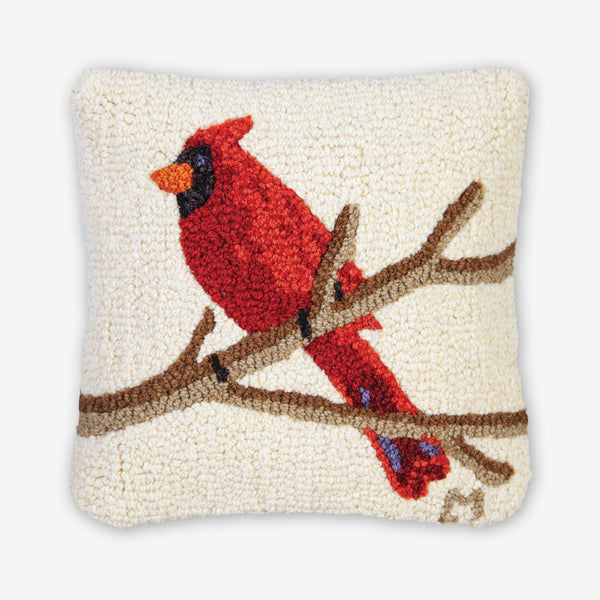 Chandler 4 Corners: Hand-Hooked Wool Pillow: 14x14 Inch Cardinal on White