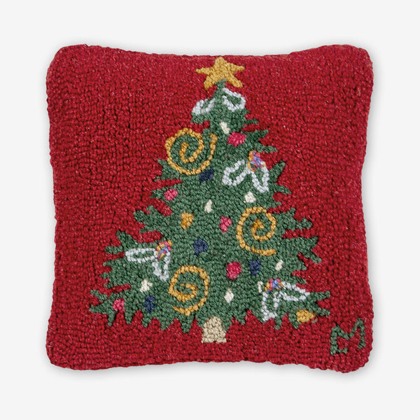 Chandler 4 Corners: Hand-Hooked Wool Pillow: 14x14 Inch Curly Christmas Tree