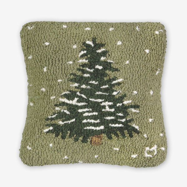 Chandler 4 Corners: Hand-Hooked Wool Pillow: 14x14 Inch Flurries Frosted Tree