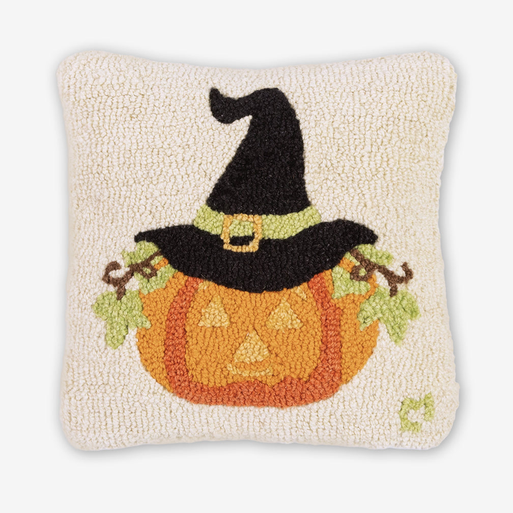 Chandler 4 Corners: Hand-Hooked Wool Pillow: 14x14 Inch Pumpkin Witch
