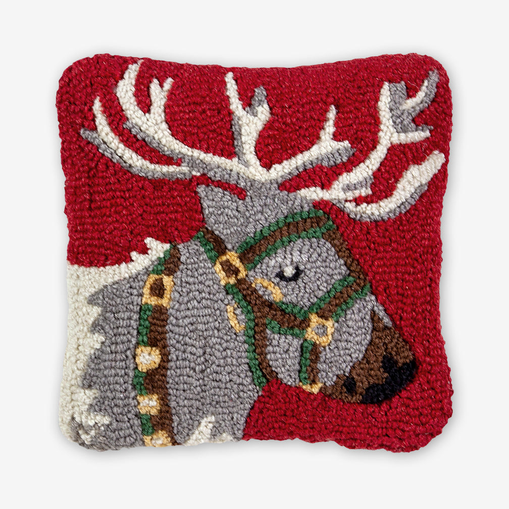 Chandler 4 Corners: Hand-Hooked Wool Pillow: 14x14 Inch Reindeer