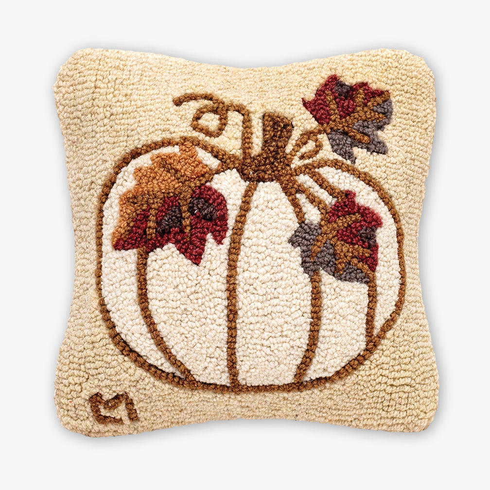 Chandler 4 Corners: Hand-Hooked Wool Pillow: 14x14 Inch White Pumpkin