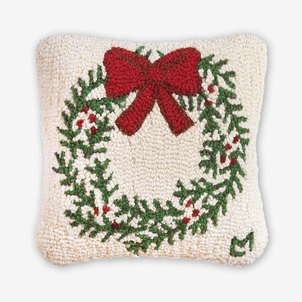 Chandler 4 Corners: Hand-Hooked Wool Pillow: 14x14 Inch Christmas Wreath
