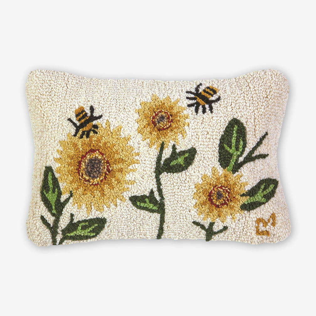 Chandler 4 Corners: Hand-Hooked Wool Pillow: 18x12 Inch Sunflower Bees