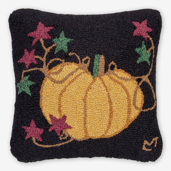 Chandler 4 Corners: Hand-Hooked Wool Pillow: 18x18 Inch Cinderella Pumpkin on Black