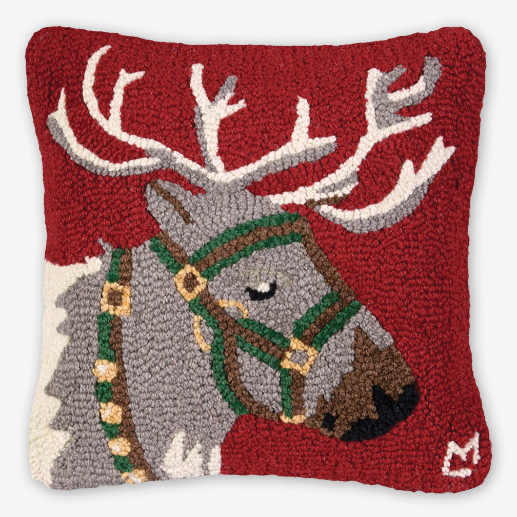 Chandler 4 Corners: Hand-Hooked Wool Pillow: 18x18 Inch Reindeer