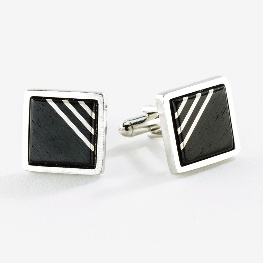 Davin & Kesler: Cuff Links: Argentium Silver Inlay Square Ebony, Diagonal