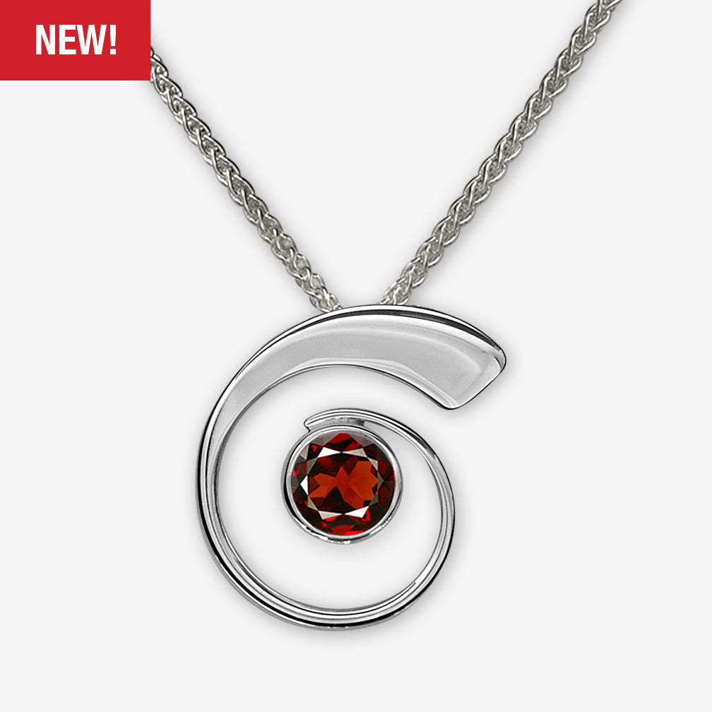 Ed Levin Designs: Necklace: Nautilus Pendant, Silver with Faceted Garnet 18"