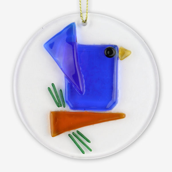 Free Spirit Glass Art Ornament: 3x3 Round Blue Bird on Pine