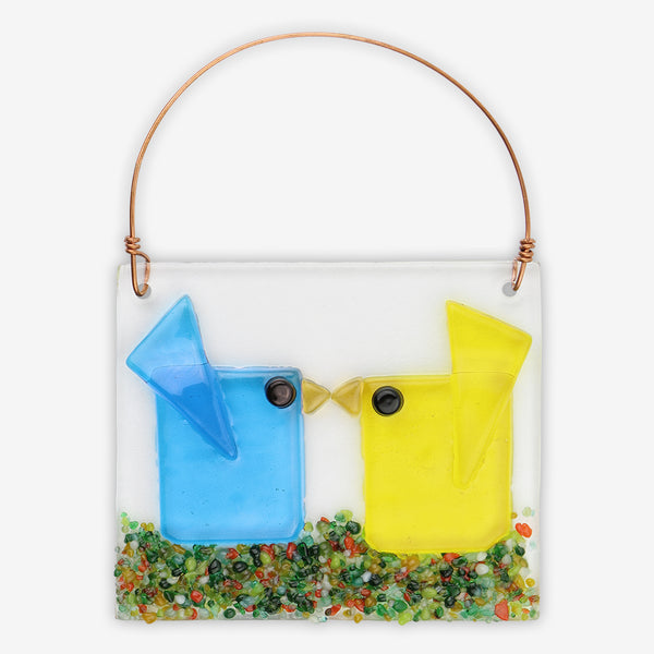 Free Spirit Glass Art Birds: Kissers Aqua/Yellow