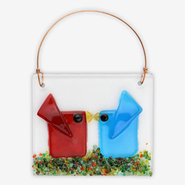 Free Spirit Glass Art Birds: Kissers Red/Aqua