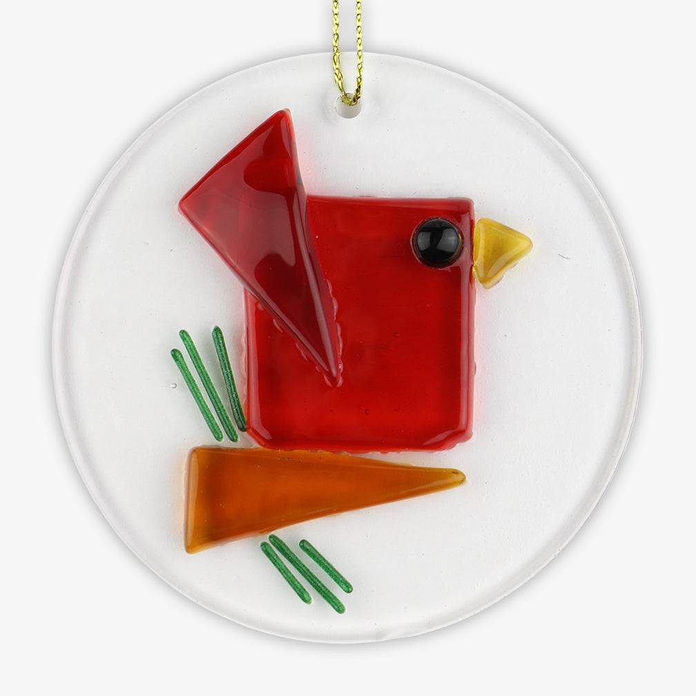 Free Spirit Glass Art Ornament: 3x3 Round Red Bird on Pine