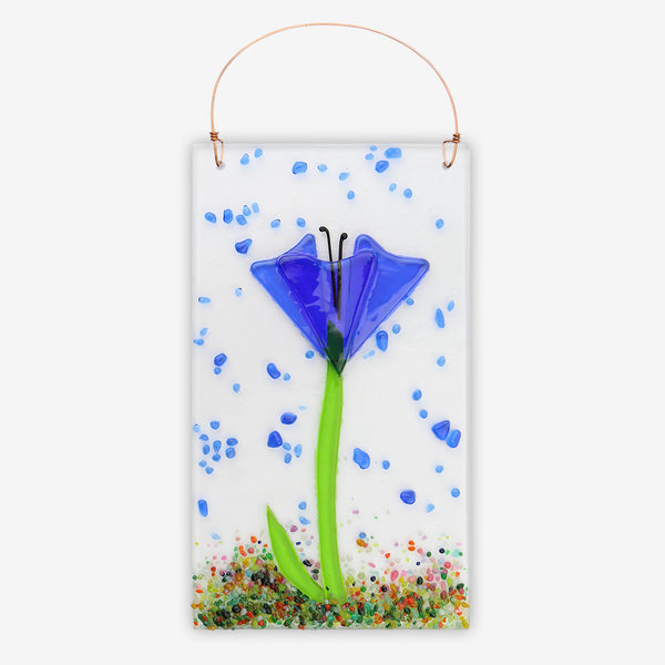 Free Spirit Glass Art Poppy: 4x7 Blue Vertical Hanging