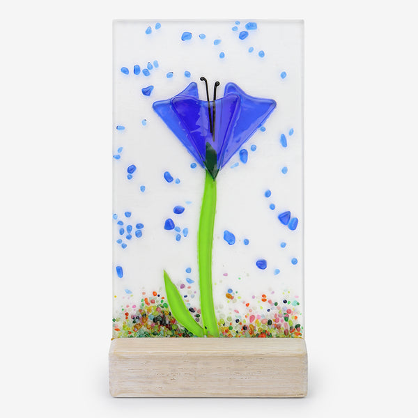 Free Spirit Glass Art Poppy: 4x7 Blue Vertical in Stand
