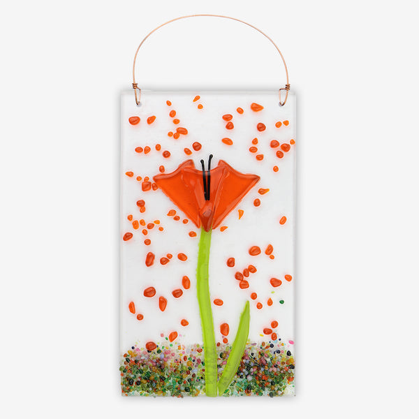Free Spirit Glass Art Poppy: 4x7 Orange Vertical Hanging