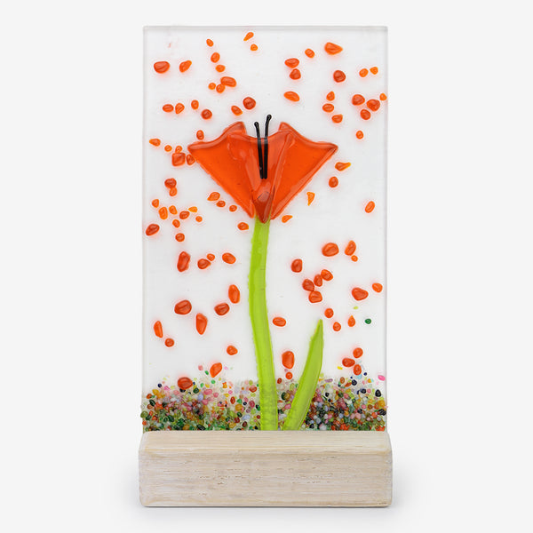 Free Spirit Glass Art Poppy: 4x7 Orange Vertical in Stand