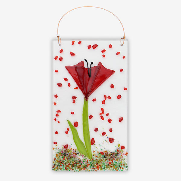 Free Spirit Glass Art Poppy: 4x7 Red Vertical Hanging