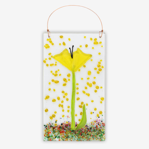 Free Spirit Glass Art Poppy: 4x7 Yellow Vertical Hanging