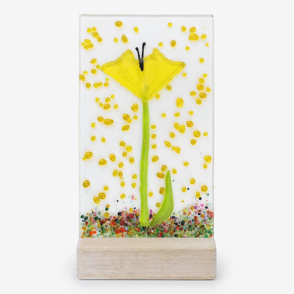Free Spirit Glass Art Poppy: 4x7 Yellow Vertical Hanging