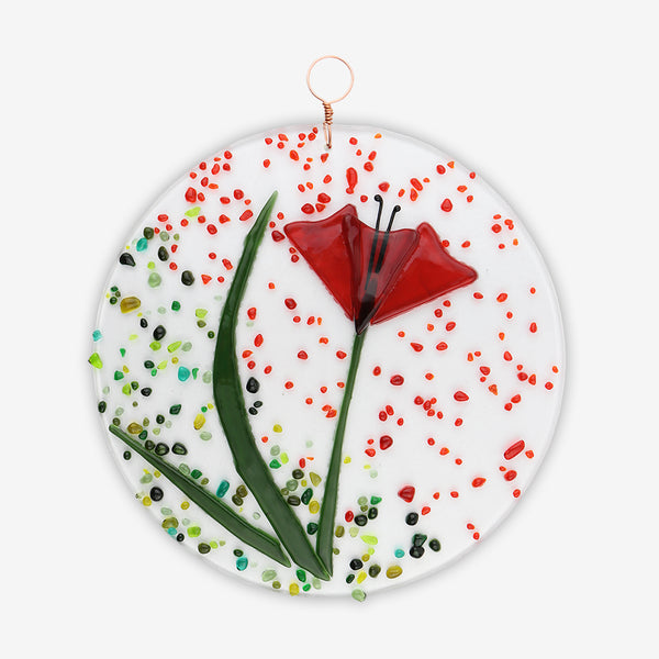 Free Spirit Glass Art Poppy: 7.5 Red Round Hanging
