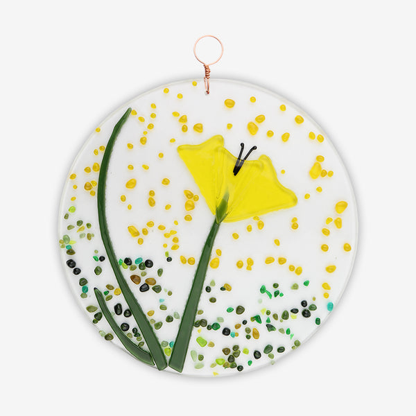Free Spirit Glass Art Poppy: 7.5 Yellow Round Hanging