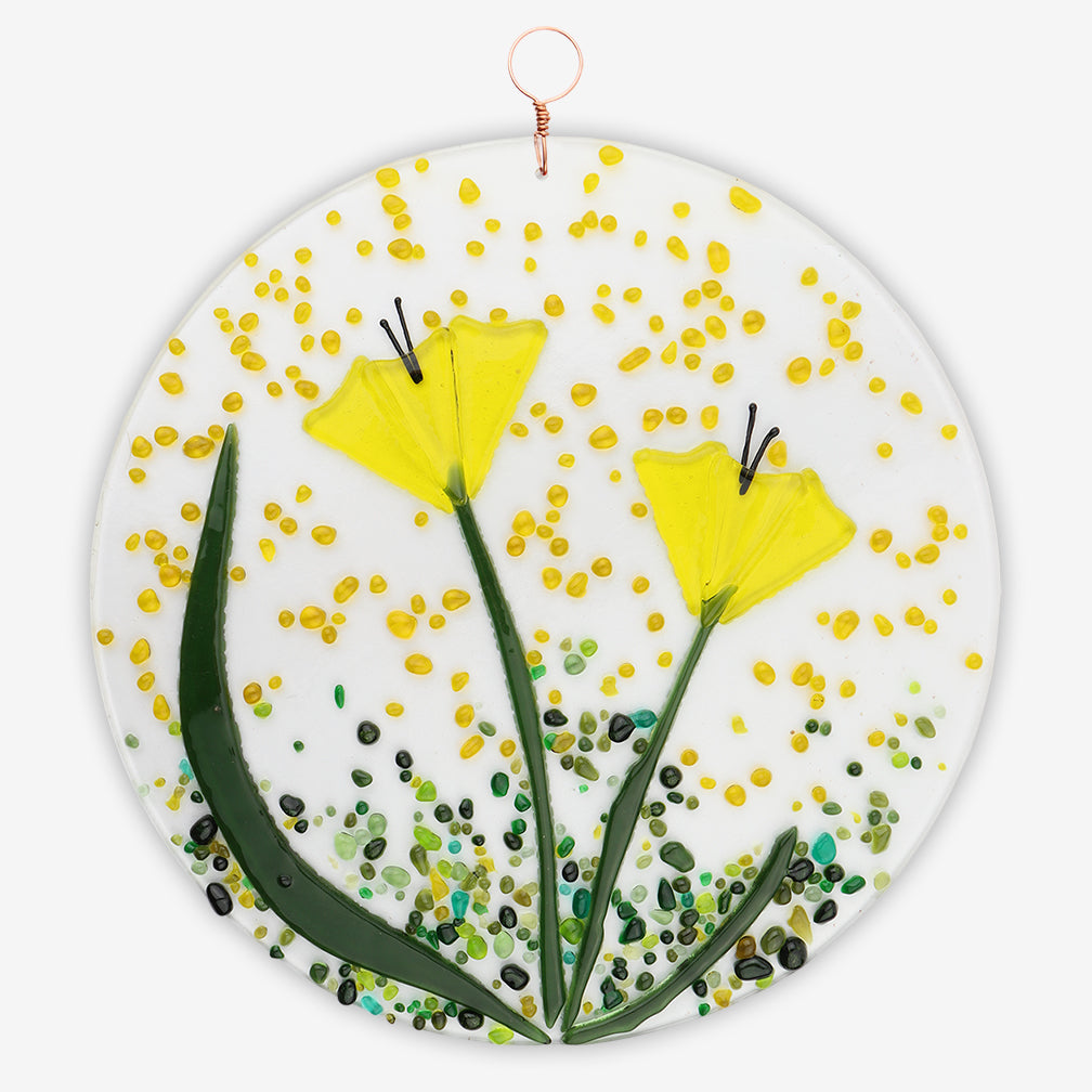 Free Spirit Glass Art Poppy: 9 Yellow Round Hanging
