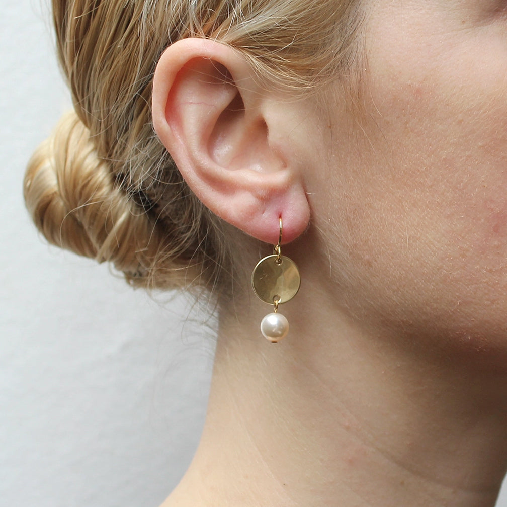 Marjorie Baer Wire Earrings: Disc with Hanging Pearl, Brass