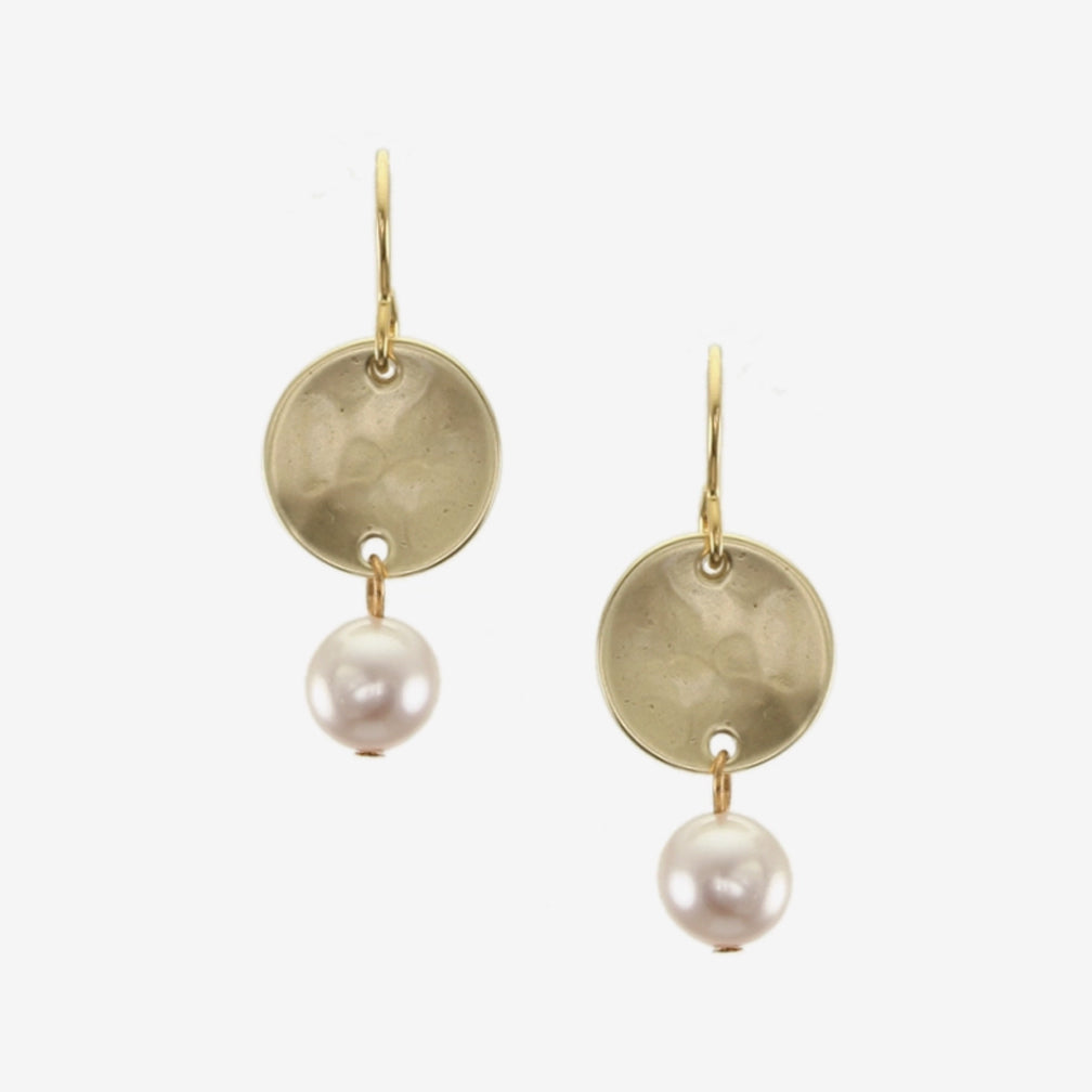 Marjorie Baer Wire Earrings: Disc with Hanging Pearl, Brass