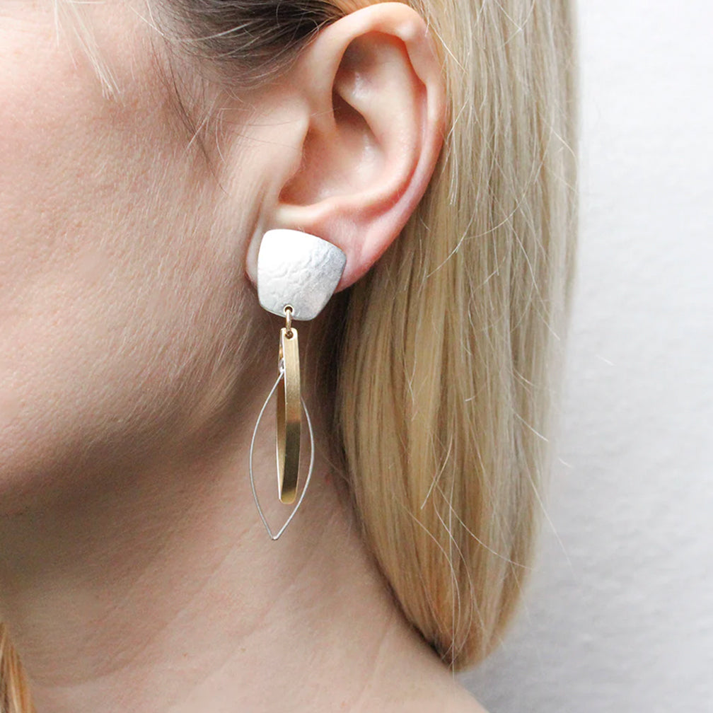 Marjorie Baer Post Earrings: Tapered Square with Interlocking Pointed Ribbon Hoops