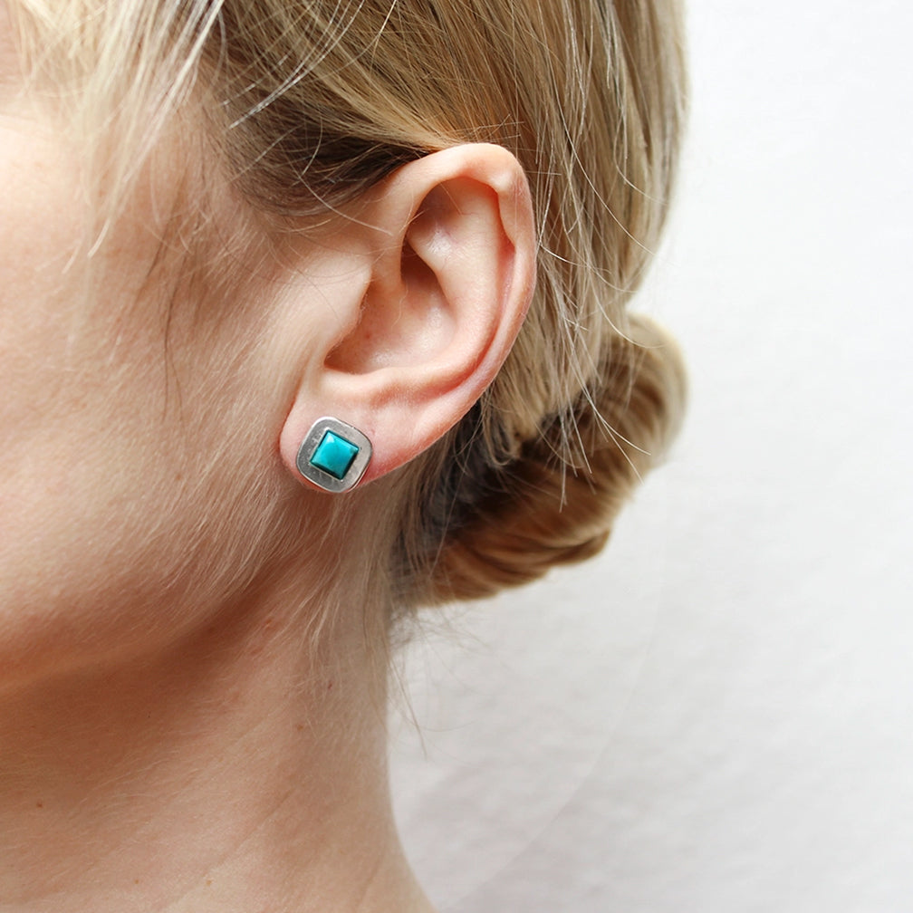 Marjorie Baer Post Earrings: Mini Square with Turquoise, Silver