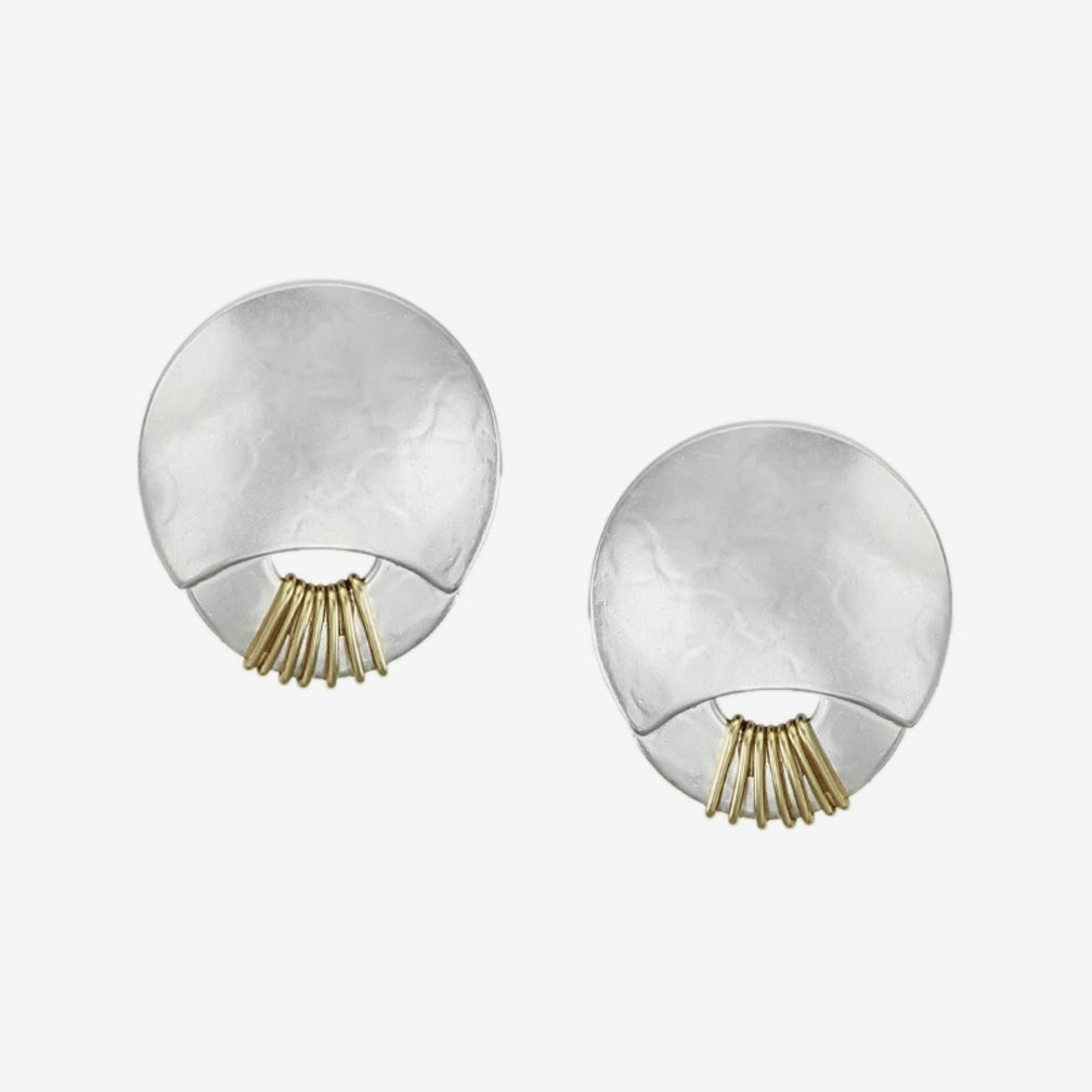Marjorie Baer Post Earrings: Crescent with Wire Wrapped Wide Ring, Silver