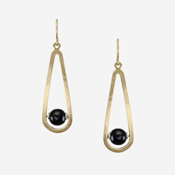 Marjorie Baer Wire Earrings: Black Bead with Teardrop Frame, Brass
