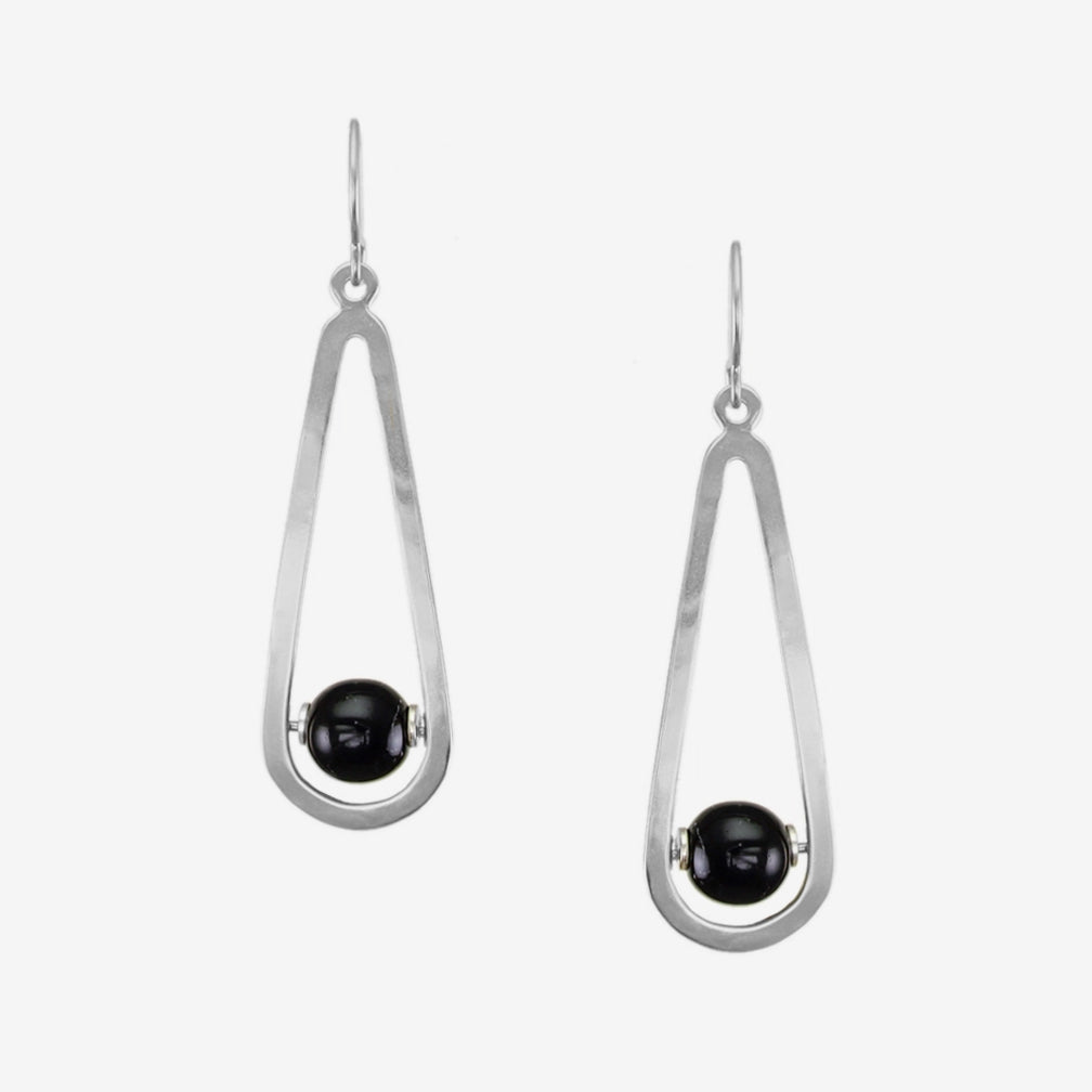 Marjorie Baer Wire Earrings: Black Bead with Teardrop Frame, Silver