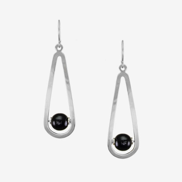 Marjorie Baer Wire Earrings: Black Bead with Teardrop Frame, Silver