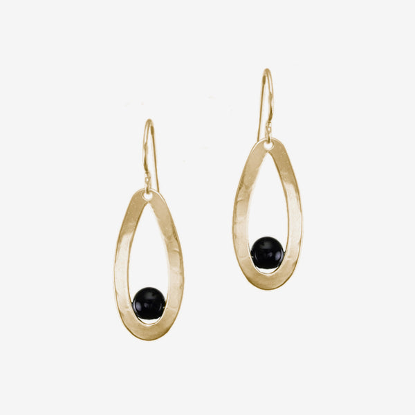 Marjorie Baer Wire Earrings: Black Bead with Oval Frame, Brass