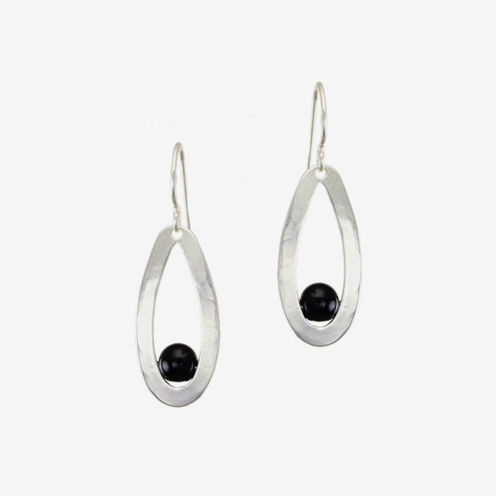 Marjorie Baer Wire Earrings: Black Bead with Oval Frame, Silver