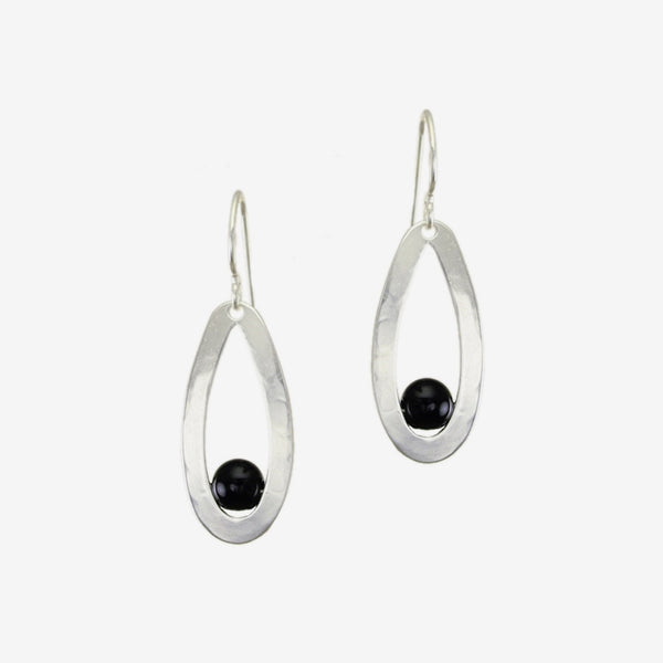 Marjorie Baer Wire Earrings: Black Bead with Oval Frame, Silver