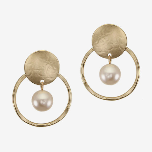 Marjorie Baer Post Earrings: Disc with Ring and Pearl, Brass