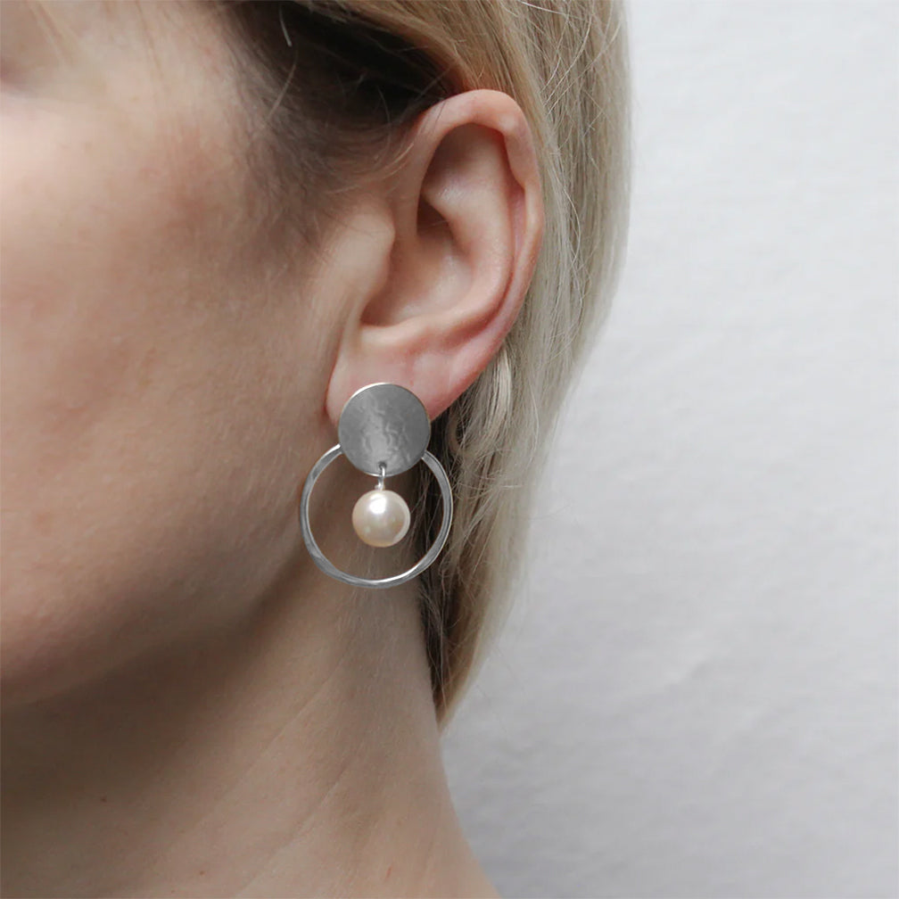 Marjorie Baer Post Earrings: Disc with Ring and Pearl, Silver
