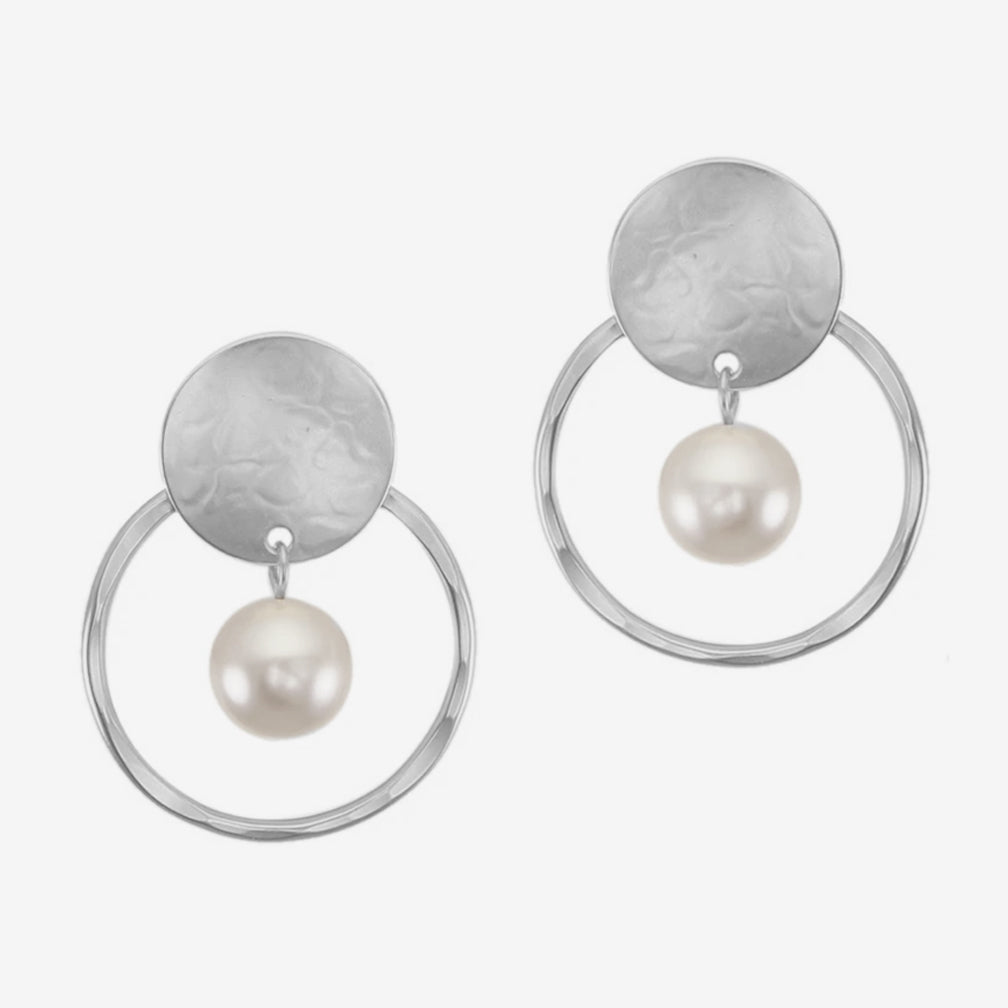 Marjorie Baer Post Earrings: Disc with Ring and Pearl, Silver