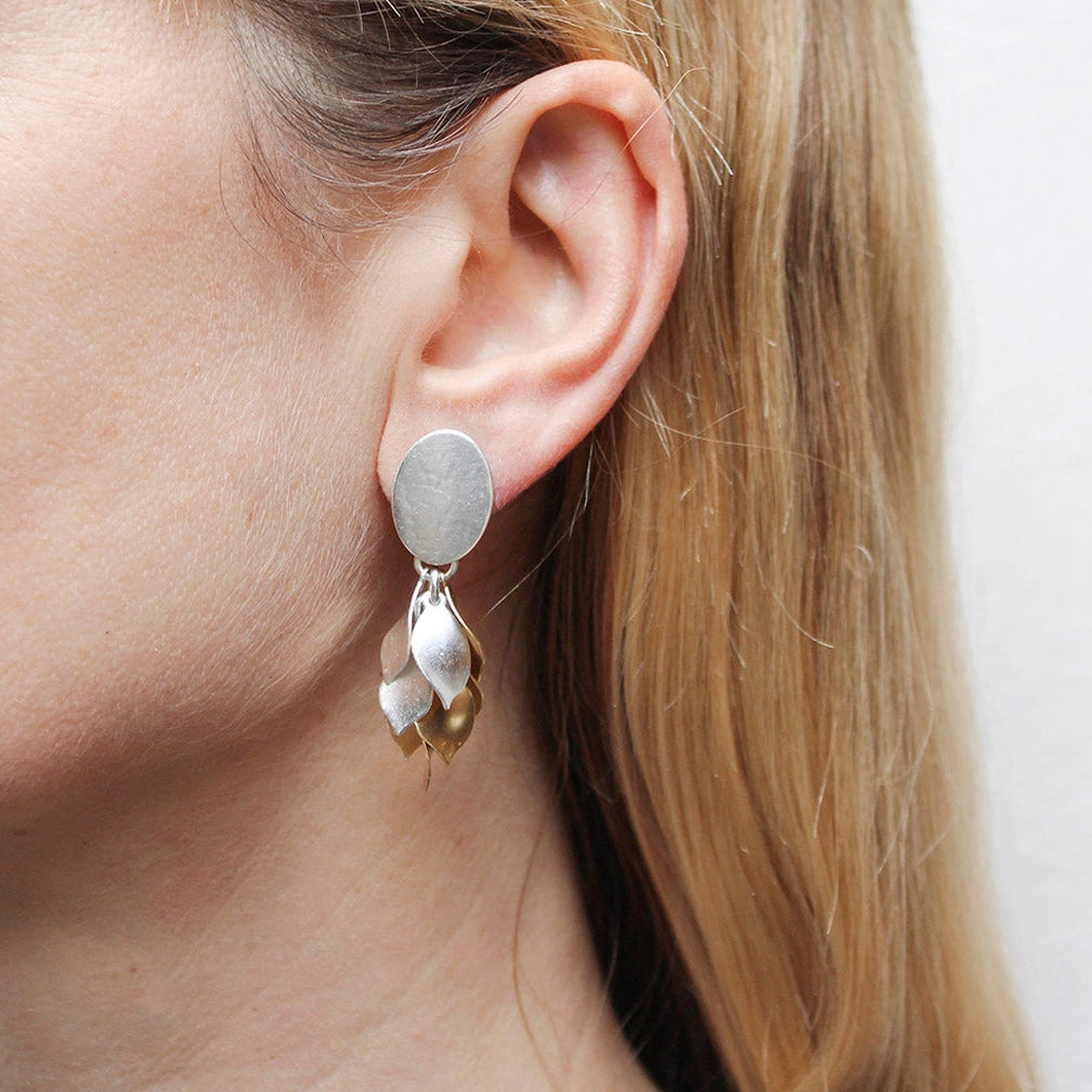 Marjorie Baer Post Earrings: Medium Oval with Layered Petals, Brass & Silver